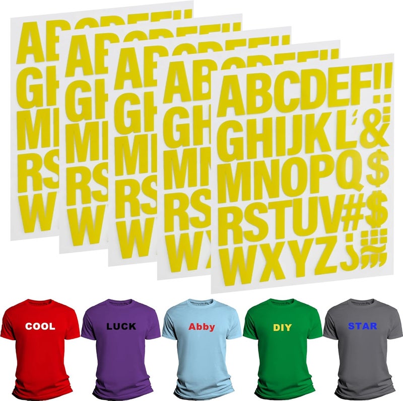 LONGMUU 220 Pieces Iron on Letters for Clothing, 5 Sheets of Yellow Heat Transfer Vinyl for T Shirts, A-Z Patches PU DIY Crafts Alphabets Sticker for Fabric - Image 1